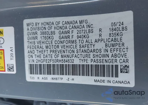 2024 Honda Civic Sport из США, поврежденный, VIN 2HGFE2F50RH584632